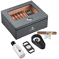 XIFEI Cigar Humidor, Spanish Cedar Wood Desktop Cigar Box Storage 25-60 Cigars, Glass Top Carbon Fiber Texture Humidors with Hygrometer, Humidifier, Humidor Solution, Cigar Accessories Gifts for Men