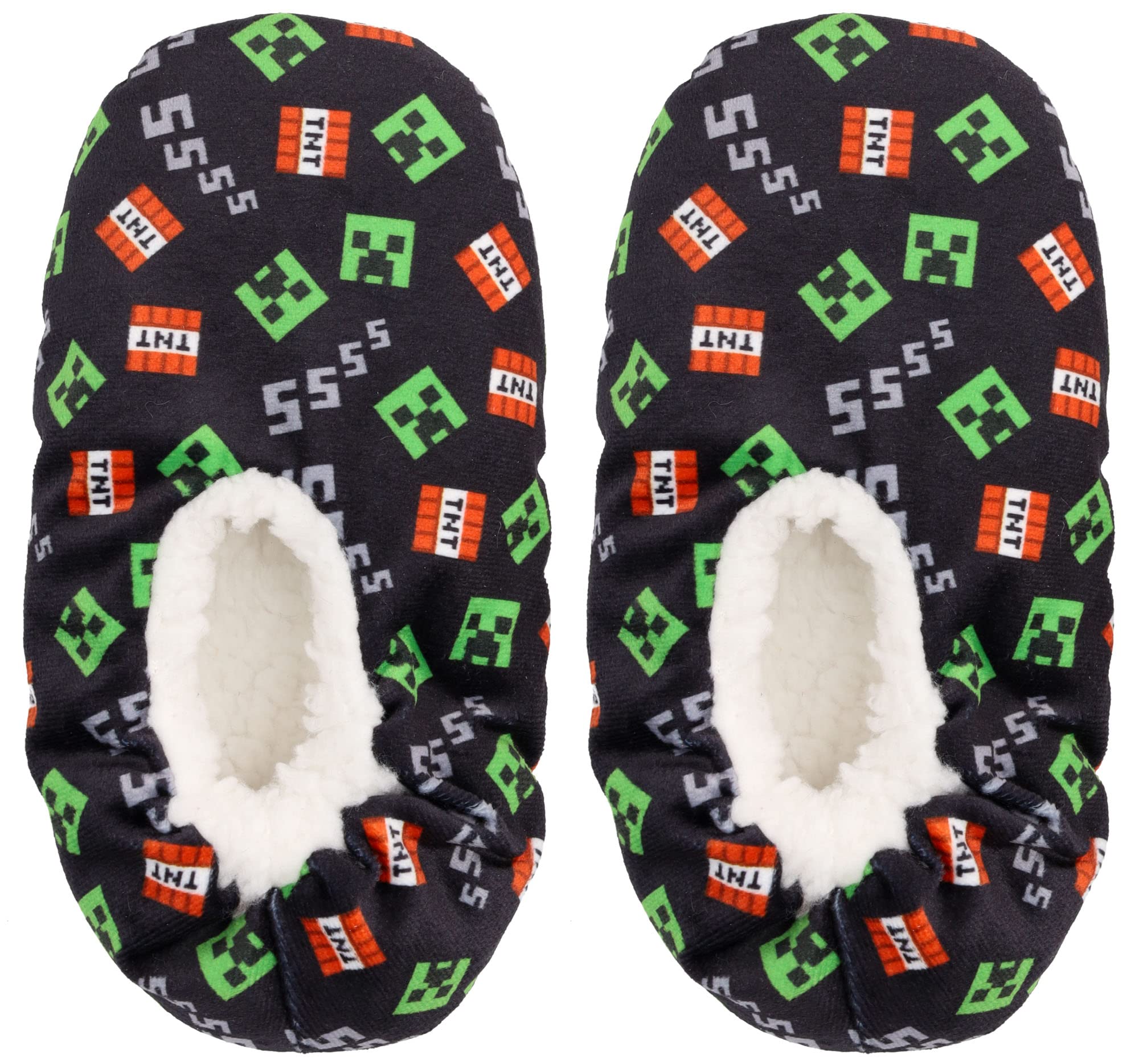 Minecraft Sock Slippers for Kids, Allover Creeper Video Game Print, Black, Little Kid/Big Kid