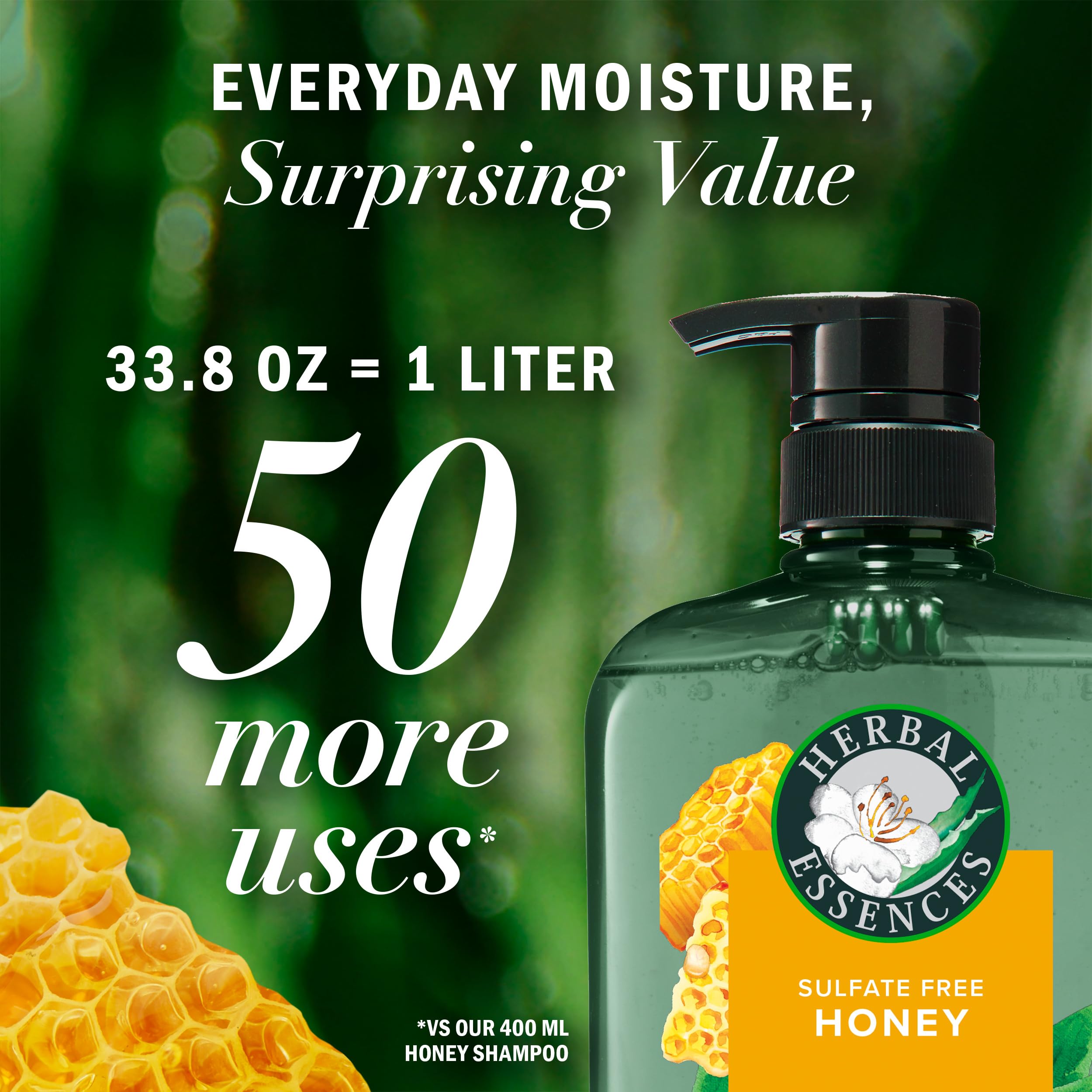 Herbal Essences Sulfate Free Shampoo with Honey for Daily Moisture, Nourishes Dry Hair, Moisturizing Shampoo with Certified Camellia Oil and Aloe Vera, Lightweight For All Hair Types, 33.8oz