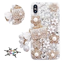 Bling Case Compatible with iPhone XR - STYLISH - 3D Handmade Girls Bag Pearl Pendant Flower Crystal Design Protective Cover Compatible with iPhone XR 6.1 Inch - Gold