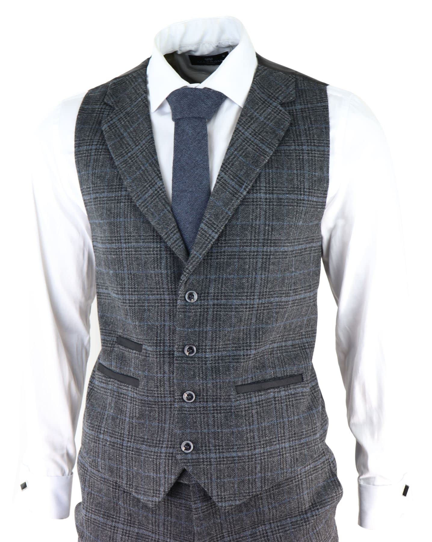 Mens Grey Tweed 3 Piece Suit Blue Check Vintage 1920s Gatsby Blinders Tailored Fit