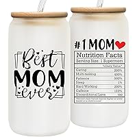 Best Mom Ever Cup - Gifts for Mom from Daughter, Son - Mama Glass Coffee Cup with Lid and Straw - Mom Nutrition Facts Cup Glass 16Oz - Mom Birthday, Christmas Gifts from Kids (1 Piece)