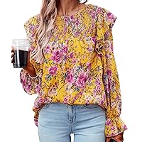 Womens Casual Top, Ruffle Flounce Long Sleeve Crewneck Floral Printed Shirred Front Work Blouse Shirts