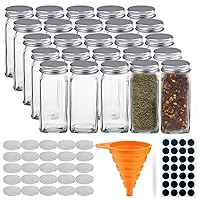 25 Pcs Glass Spice Jars- Square Glass Containers With Square Empty Jars 4oz, Airtight Cap, Chalkboard & Clear Label, Shaker Insert Tops and Wide Funnel - Complete Organizer Set