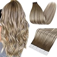Fshine Tape in Hair Extensions Real Human Hair 20 Inch Ombre Tape in Extensions Color 3 Fading to 6 Brown and 22 Blonde Balayage Human Hair Tape in Extensions Dip Dyed Hair 20 Pieces 50 Grams