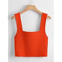 Women's Tops Shirts Sexy Tops for Women Solid Ribbed Knit Top (Color : Orange, Size : Large)