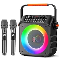 Karaoke Machine with 2 Wireless Microphones, Portable PA System Bluetooth Speaker with Microphones & LED Lights for Home Parties Gathering Outdoor, Karaoke Machine for Adults Kids Family