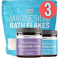 2 x Nighttime Magnesium Cream (Lavender, Unscented) & Large 10 LBS Bath Flakes: 3 Item Bundle