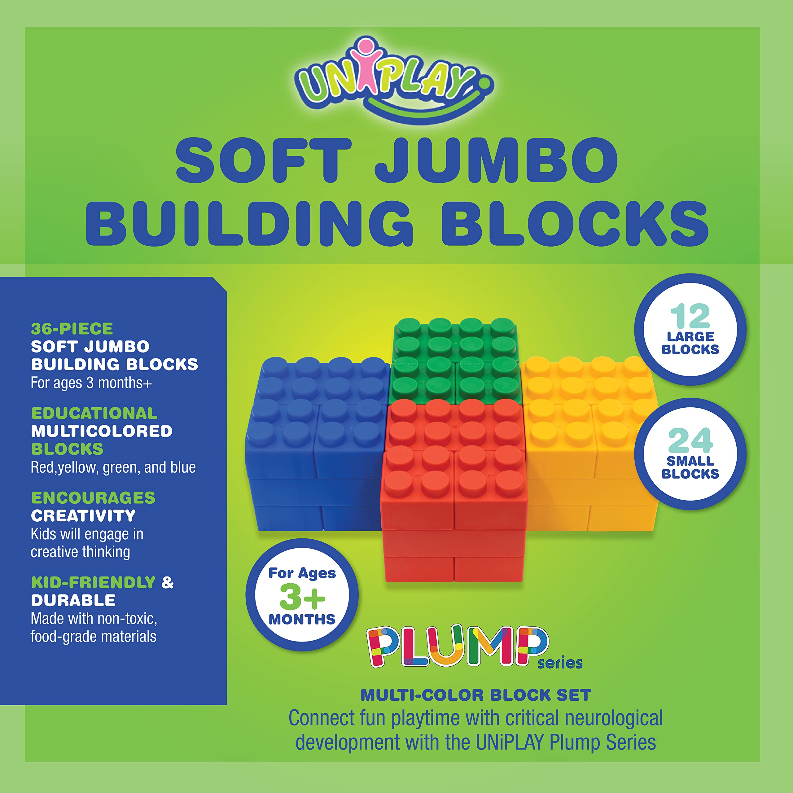UNiPLAY Plump Soft Building Blocks — Jumbo Multicolor Stacking Blocks for Cognitive Development and Educational Games for Ages 3 Months and Up (36-Piece Set)