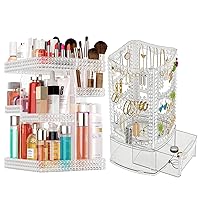 360° Rotating Makeup Organizer, Acrylic Earring Holder Jewelry Organizer, Total 2Pcs, Adjustable Large Capacity, Easy To Assemble Cosmetic Storage for Lipsticks Brushes, Perfume or Jewelry Display