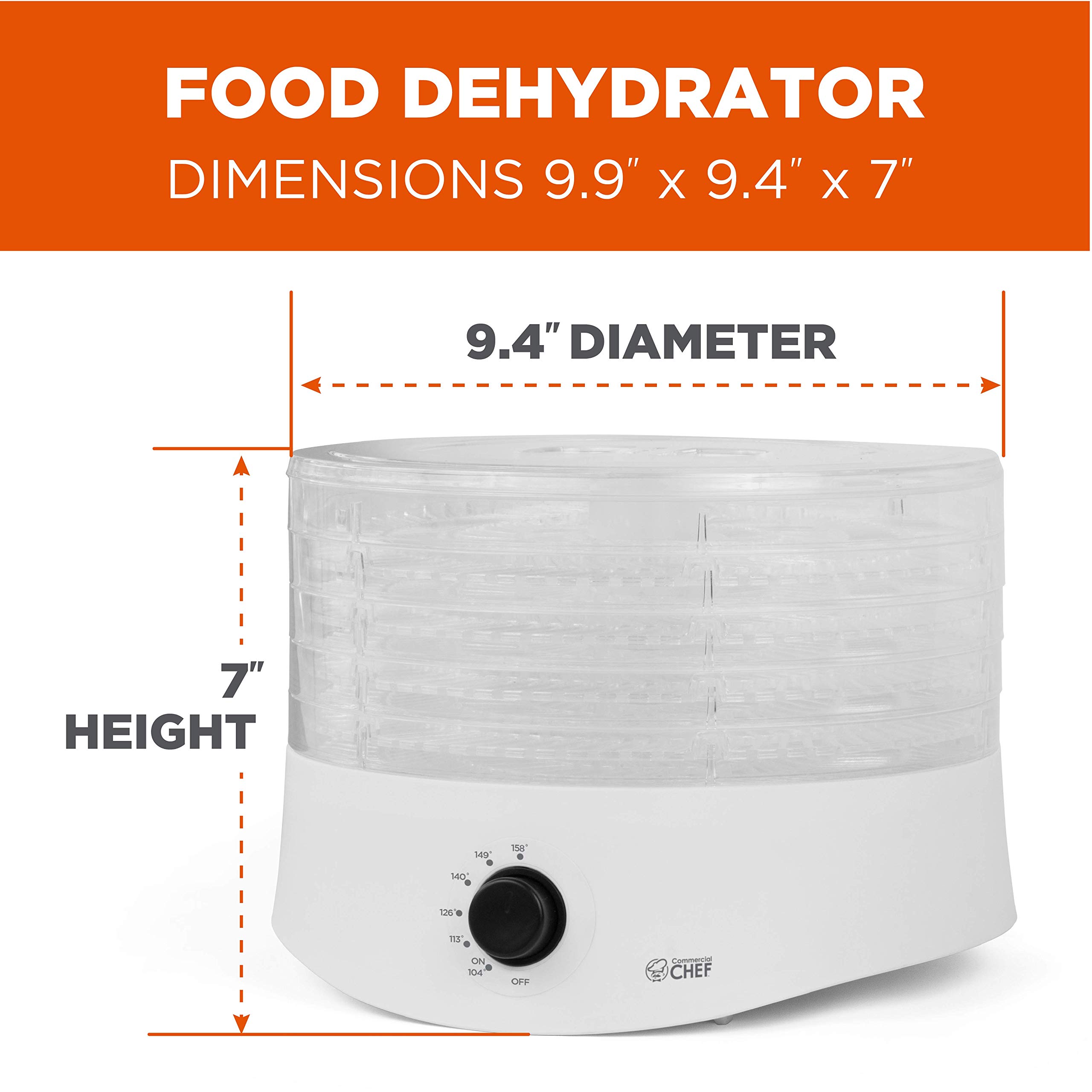 Commercial Chef Food Dehydrator, Dehydrator for Food and Jerky, CCD100W6, 280 Watts, White