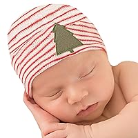 Newborn Hospital Hat Red and White Striped - 2 ply Hospital Fabric Infant Baby Hat Cap with Cute Christmas Tree Design