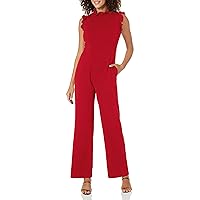 Maggy London Women's High Neck Ruffle Detail Jumpsuit Workwear Office Occasion Event Guest of, Savvy Red