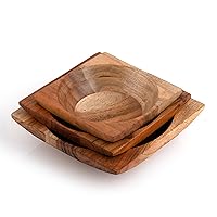 Acacia Wood Nesting Square Set 3 Serving Bowl 8”, 7”, 6” Mix size Stackable little Dish for Prep Salad Snack, Nuts,Wasabi Dip sauce Salsa Nut Tableware Wooden Nest Bowl