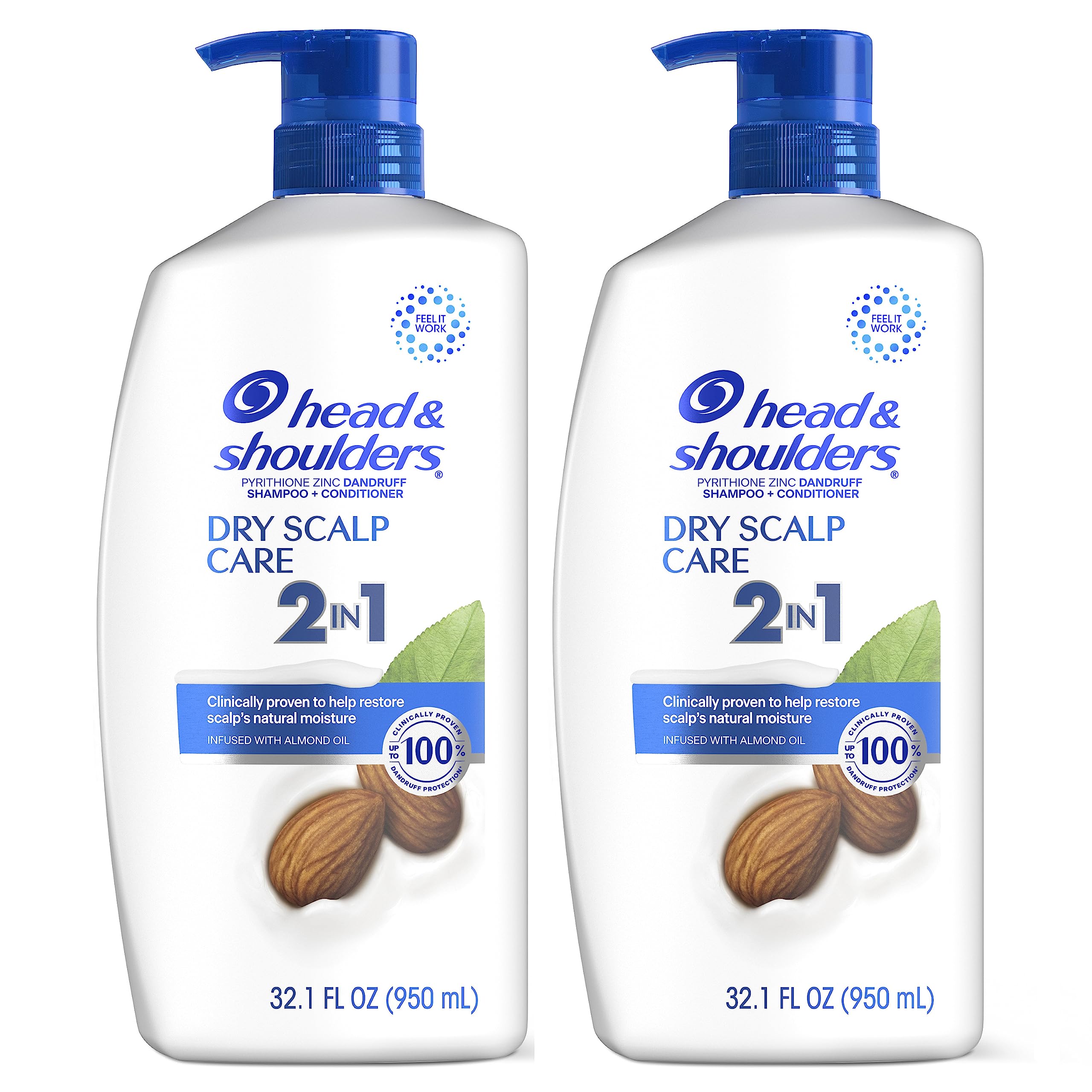 Head and Shoulders Shampoo and Conditioner 2 in 1, Anti Dandruff Treatment, Dry Scalp Care with Almond Oil, 32.1 fl oz, Twin Pack (Packaging May Vary)