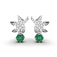 Round Natural Emerald And Diamond Star Dangle Earrings For Women And Girls / 14k Gold May Birthstone Earrings