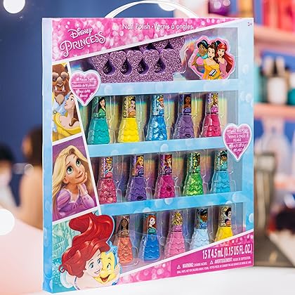 Townley Girl Disney Princess 15 Piece Water-Based Nail Polish with 3 Toe Spacers| Quick Dry| Peel Off| Gift Kit Set for Kids Girls| Ages 3