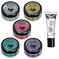 Biodegradable Eco Glitter Shakers by Moon Glitter - 100% Cosmetic Bio Glitter for Face, Body, Nails, Hair and Lips - 5g - Set of 5 - plus Glitter Fix Gel