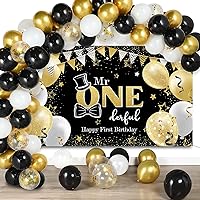Boys 1st Birthday Decoration Mr. Onederful Birthday Party Supplies 1st Happy Birthday Backdrop Photography Background with Balloons for Baby Toddler Little Man First Birthday Decor (Black and Gold)
