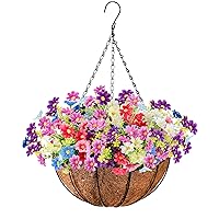 Artificial Hanging Baskets with Flowers - 140 Flower Heads Fake Hanging Flowers for Outdoors Patio Garden, Artificial Hanging Flowers in Basket with 12