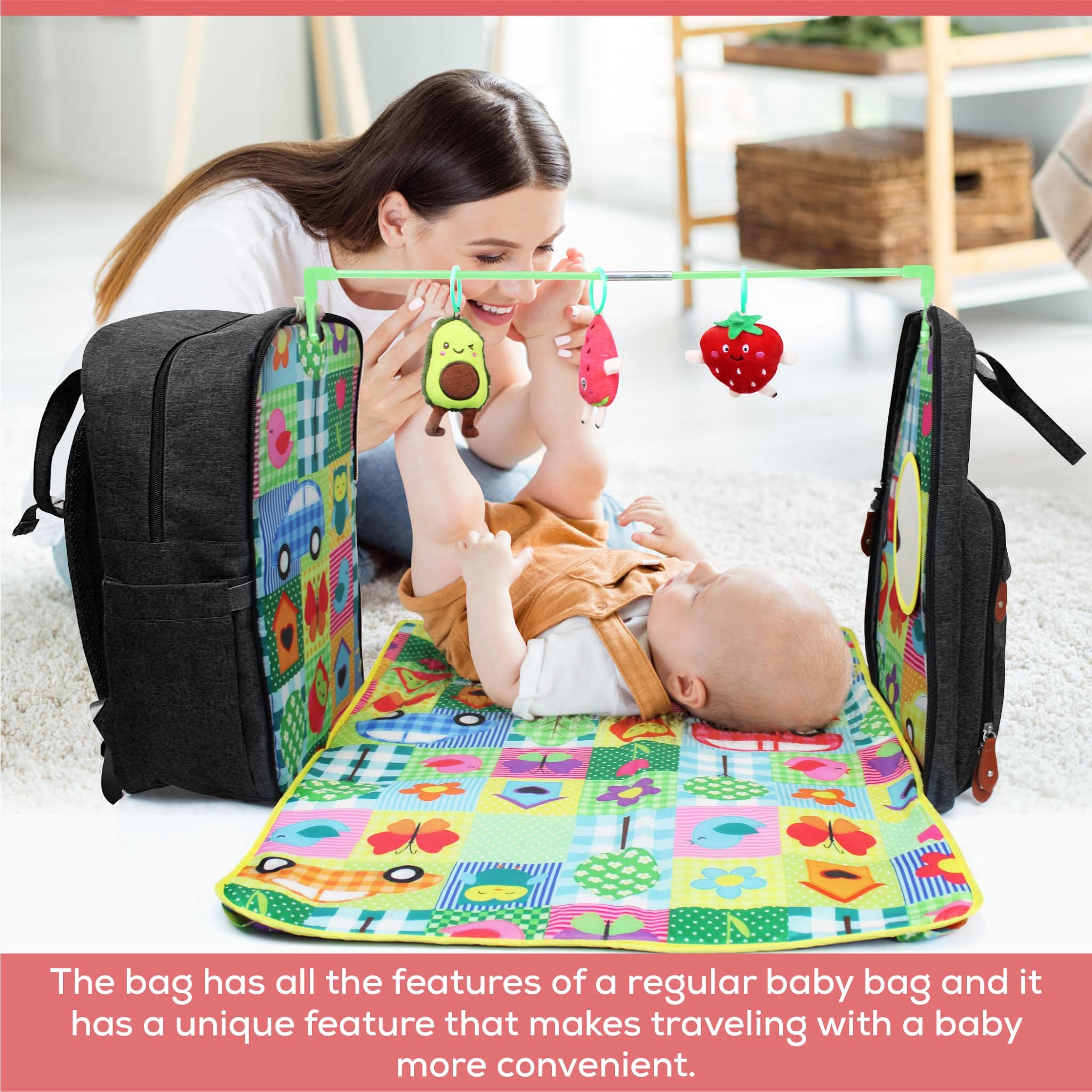 Flisko 3 in 1 Diaper Bag Backpack with Baby Play Mat – Multifunctional Baby Activity Mat with Baby Bag – Baby Play Gym Includes 3 Toys – Diaper Caddy Organizer to use Separately or Together for Travel