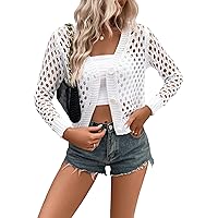 GORGLITTER Women's Crochet Knit Cropped Cardigan Long Sleeve Button Down Hollow Out V Neck Outerwear