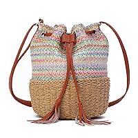KUANG! Straw Bucket Bag for Women Colorful Summer Woven Beach Bag Handbag for Vacation Shoulder Handbag Beach Tote Bag