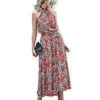 PRETTYGARDEN Women’s Casual Halter Neck Sleeveless Floral Long Maxi Dress Backless Loose Ruffle Sundress with Belt