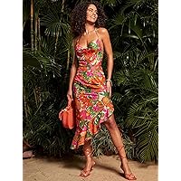 Women's Dress Dresses for Women Tropical Print Draped Collar Asymmetrical Ruffle Hem Cami Dress (Color : Multicolor, Size : X-Small)