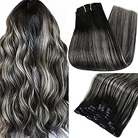 Clip in Hair Extensions Real Human Hair Ombre Off Black to Silver Grey Balayage Hair Extensions Clip in Full Head Set Women Long Straight Hair Extensions Clip ins 22 Inch 5pcs/70g