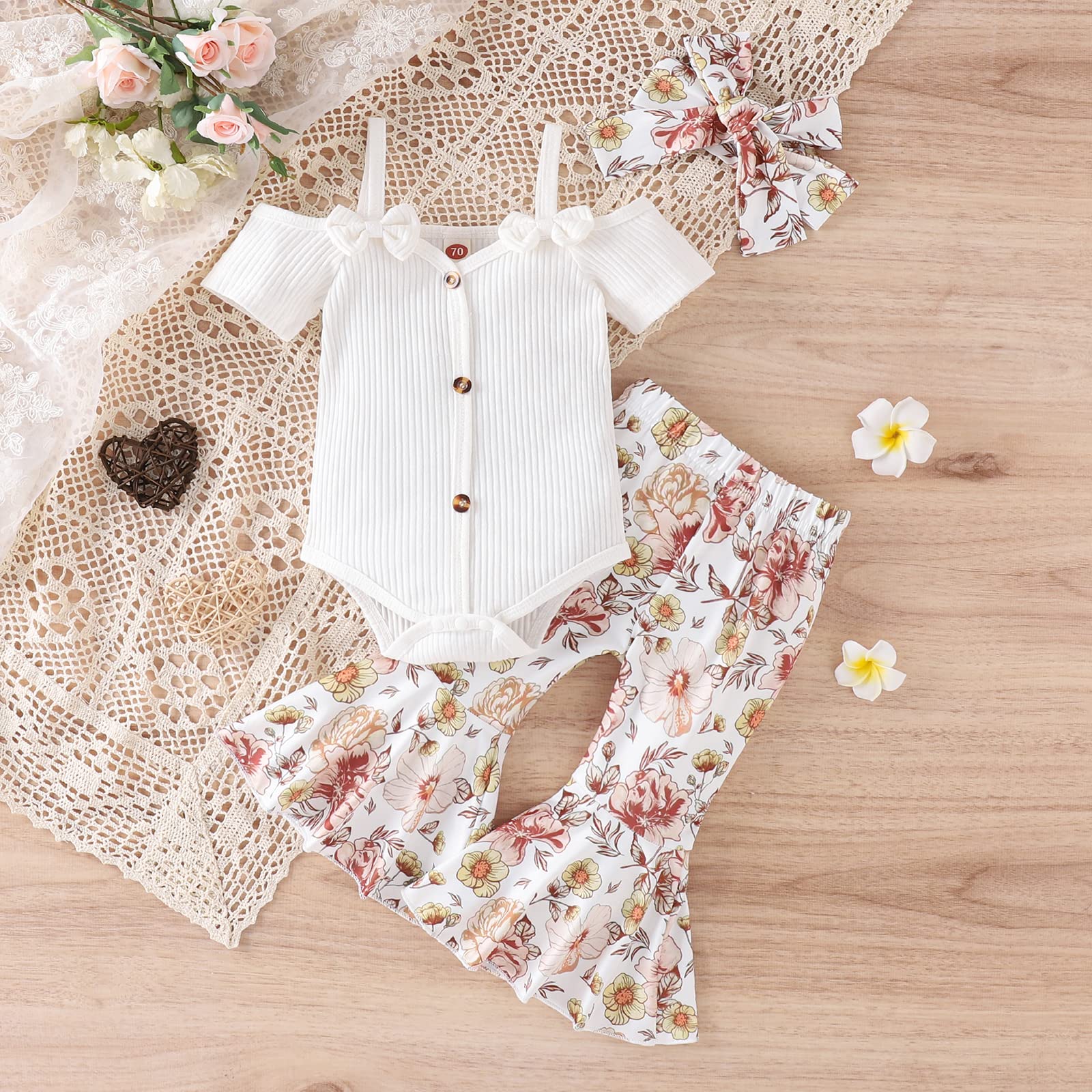 Engofs Newborn Baby Girl Clothes Short Sleeve Romper Flare Pants Headband Set 3Pcs Infant Summer Outfit 0 3 6 12 18 Months