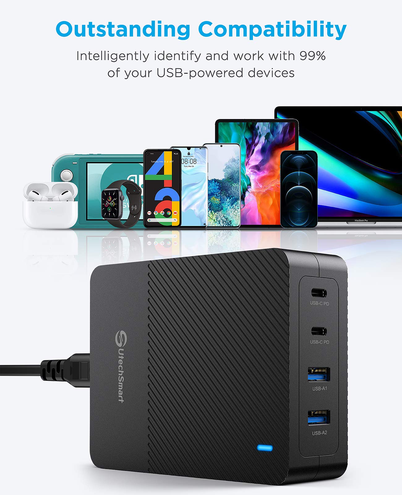 100W USB C Charger, UtechSmart 4-Port Fast Charger Station, Wall Charger Block Power Adapter Compatible with MacBook Pro/Air, iPad, iPhone 14 Pro, Galaxy, Steam Deck, Dell XPS, Google Pixelbook