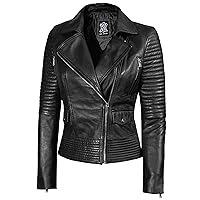 Decrum Women's Real Lambskin Leather Jacket, XL - Black, Motorcycle, Asymmetrical, Quilted