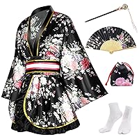PLULON 5 Pcs Women's Japanese Kimono Robe Short Floral Print Kimono Dress Sexy Geisha Yukata Satin Bathrobe with Accessories