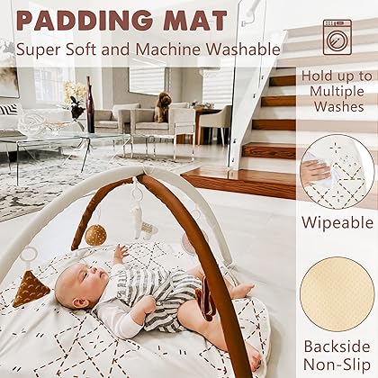 Baby Play Mat, Macrame Activity Gym Stage-Based Sensory and Motor Skill Development Language Discovery Baby Play Gym and Playmats for Newborn with 6 Featured Toys Thicker and Non Slip Mat Washable