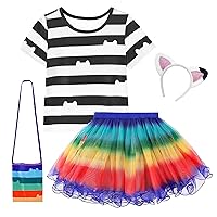 Girls Cat Dollhouse Costume with Rainbow Tutu Dress T-shirt Headband and Bag Halloween and Birthday Party Outfits