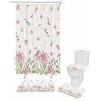Flower Leaves Bathroom Set with Shower Curtain and Rug and Accessories,36x72 Inches Long Stall Curtain with Large Bath Mat,Bathtub Runner Rug Set,12 Hooks Pink Green Red Pink Botanical Herb Farmhouse