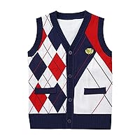 Kids Boys V Neck Plaid Knitted Cardigan Vest Sleeveless Uniform Button Down Waistcoat Casual Tops