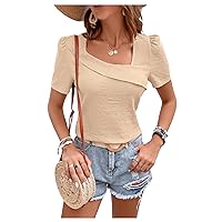 MakeMeChic Women's Casual Solid Summer Puff Short Sleeve Asymmetrical Neck Blouse Shirt Tops