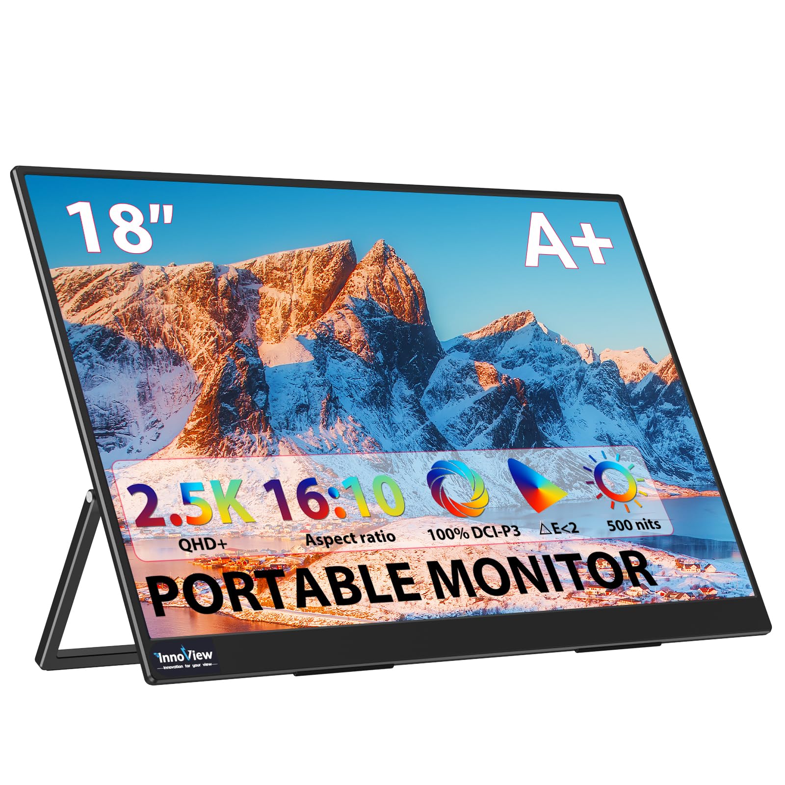 InnoView Portable Monitor, 18'' 2.5K QHD 100% DCI-P3 Large Portable Monitor for Laptop 2560x1600 500 Nits IPS Eye Care HDR FreeSync Frameless Laptop Screen Extender for Mac Switch Xbox PS4/5