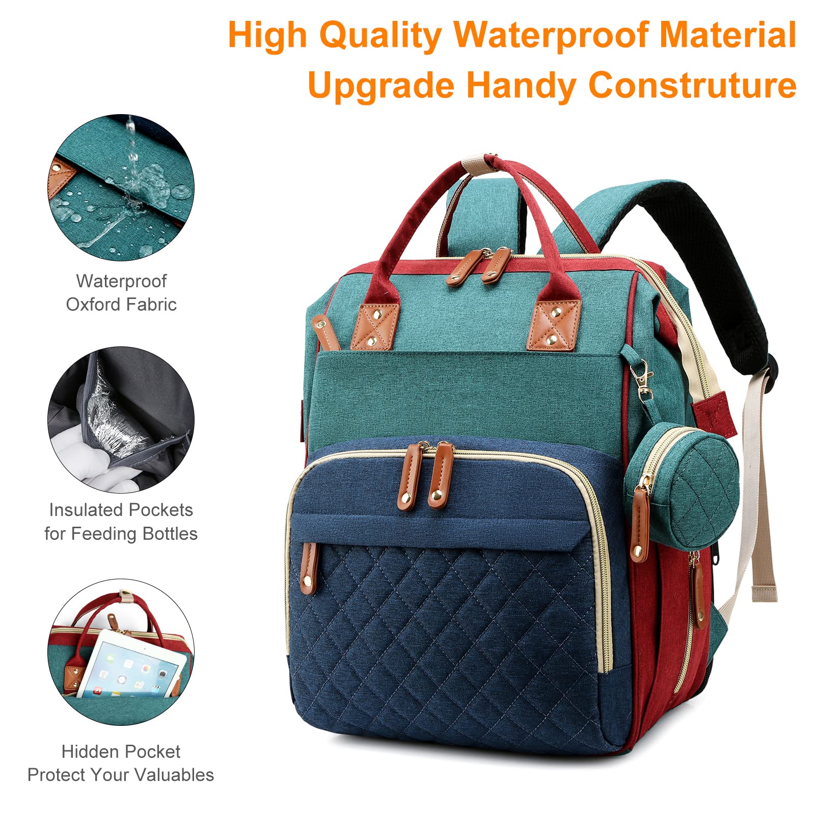 Diaper Bag with Changing Station, Waterproof 3 in 1 Baby Diaper Backpack with Foldable Changing Pad, Large Travel Back Pack for Girl Boy, Red-Green-Blue