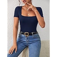 Women's T-Shirt Square Neck Ribbed Knit Tee T-Shirt for Women (Color : Navy Blue, Size : X-Small)