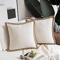 Phantoscope Pack of 2 Farmhouse Decorative Solid Throw Decorative Pillow Cover Burlap Linen Trimmed Tailored Edges Off White 24 x 24 inches, 60 x 60 cm