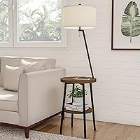 Lavish Home Floor Lamp with Table - Mid-Century Modern Nightstand or Side Table with USB Charging Port and Drum Shade - Standing Light with Shelves