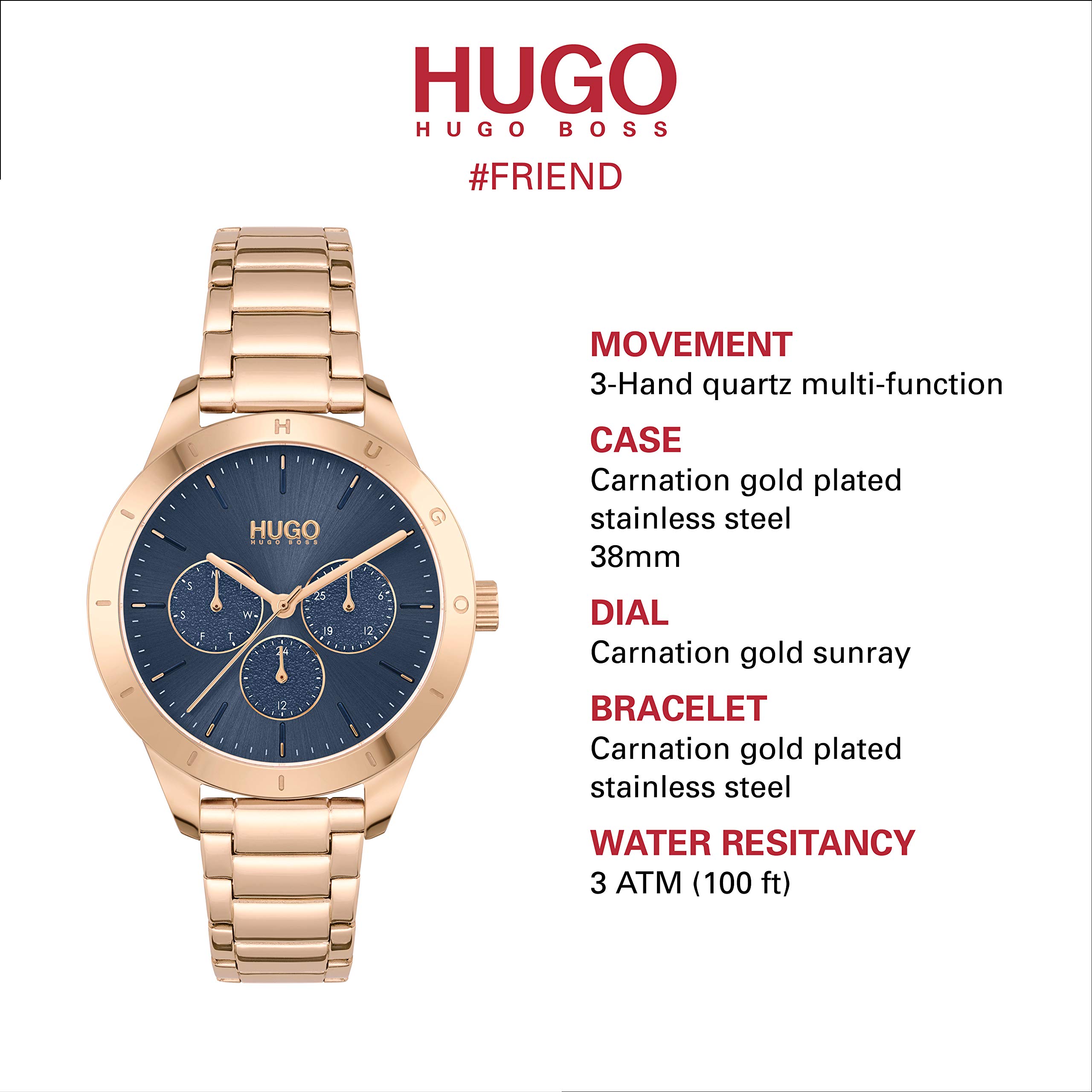 HUGO #Friend Women's Multifunction Stainless Steel and Link Bracelet Casual Watch, Color: Carnation (Model: 1540092)