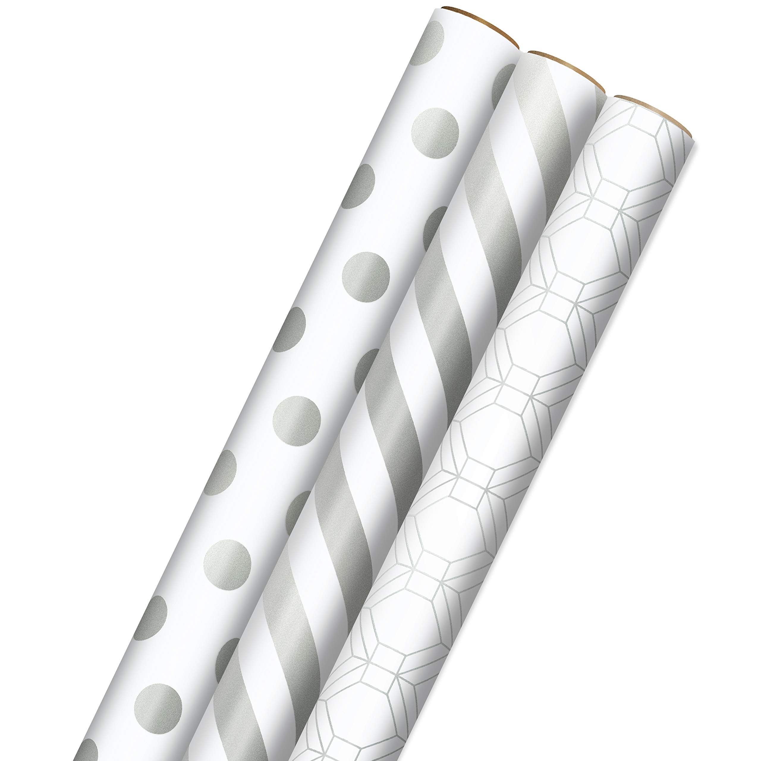 Hallmark Silver Wrapping Paper with Cut Lines on Reverse (3-Pack: 105 sq. ft. ttl) for Weddings, Christmas, Hanukkah, Bridal Showers, Birthdays