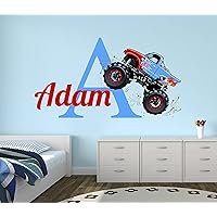 Personalized Monster Truck Wall Decal - Monster Truck Wall Decor - Nursery Monogram Truck Theme Kids Bedroom Decor Baby Boy Room Vinyl Sticker (34inchW x 18inchH)