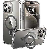 CASEKOO for iPhone 15 Pro Max Case Clear with Invisible Magnetic Stand, Compatible with MagSafe, Non-Yellowing, Military Drop Protection, Slim Ring Holder for Women Men 15 Pro Max Case, Gray