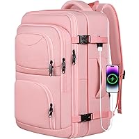 Carry On Backpack for Women, Pink Backpack, 45L Expandable Travel Bag, 17 Inch Travel Laptop Backpack with USB Port, Large Travel Backpack Personal Item Size, Teacher Traveling Backpack, Pink