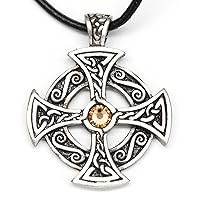 Pewter Solar Cross with Swarovski Austrian Crystal for Birthday on Leather Necklace